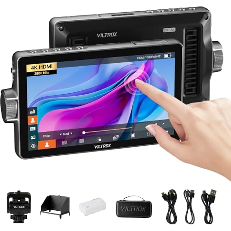 VILTROX DC-A1, 7" Full HD Touchscreen Kamera Field Monitor mit 2800 Nits, 4K HDMI Loop In/Out, 3D LUTs, Waveform, Focus Assist und Akku