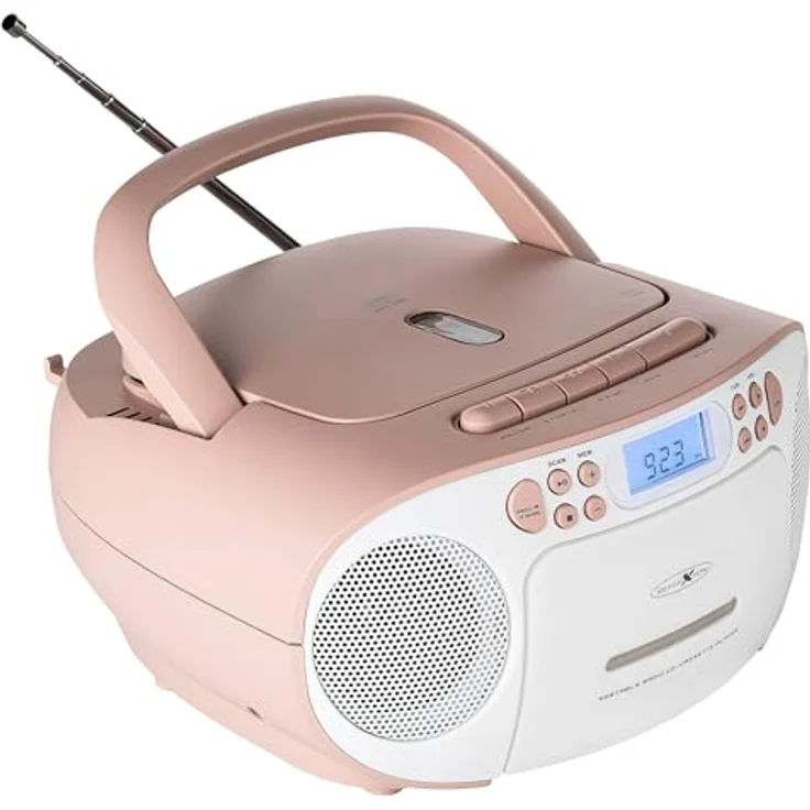 Reflexion CD-Player mit Kassette und Radio für Netz- und Batteriebetrieb (PLL UKW-Radio, LCD-Display, AUX-Eingang, Kopfhörer-Anschluss), weiß/rosa – Bild 2