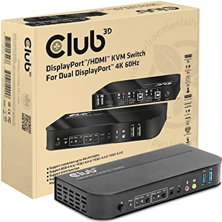 Club 3D CSV-7210, DisplayPort KVM Switch mit 4K Auflösung bis 4096x2160, Schwarz – Bild 1