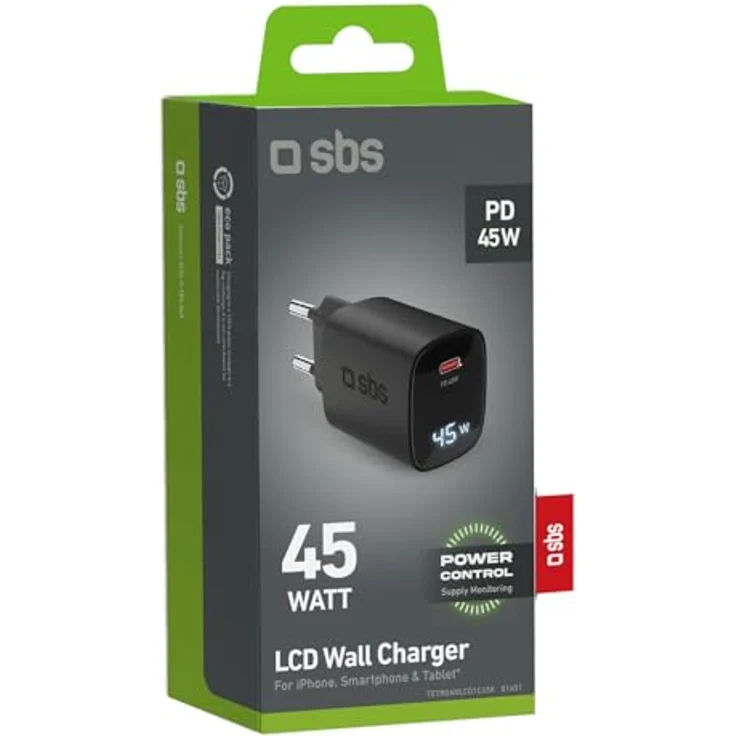 SBS USB-C Ladegerät 45W mit LCD, EU-Stecker, Power Delivery, ideal für Android-Smartphones, iPhone, Tablets, MacBook – Bild 2
