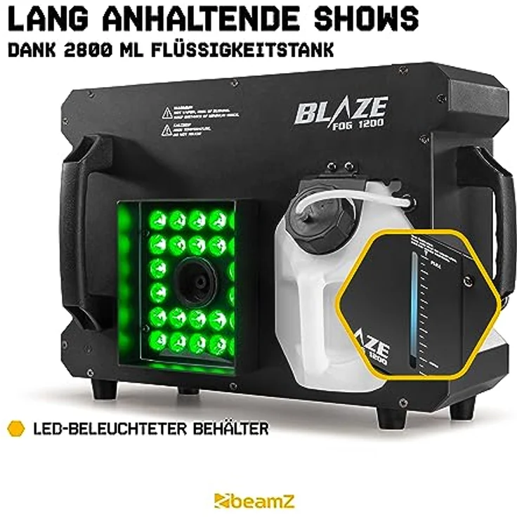 BeamZ BLAZE1200, Nebelmaschine mit 1200 Watt Leistung, 24x 4 Watt 4-in-1 RGBA-LEDs, vertikal und horizontal verwendbar, LCD-Display und Fernbedienung mit Timerfunktion – Bild 3