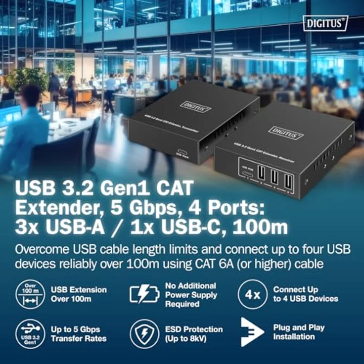 DIGITUS USB 3.2 Gen1 Ethernet-Extender, 4-Port USB-Hub mit 3x Typ-A und 1x Typ-C, 100m Reichweite, 5 Gbps, ESD- und Überspannungsschutz, Schwarz – Bild 2