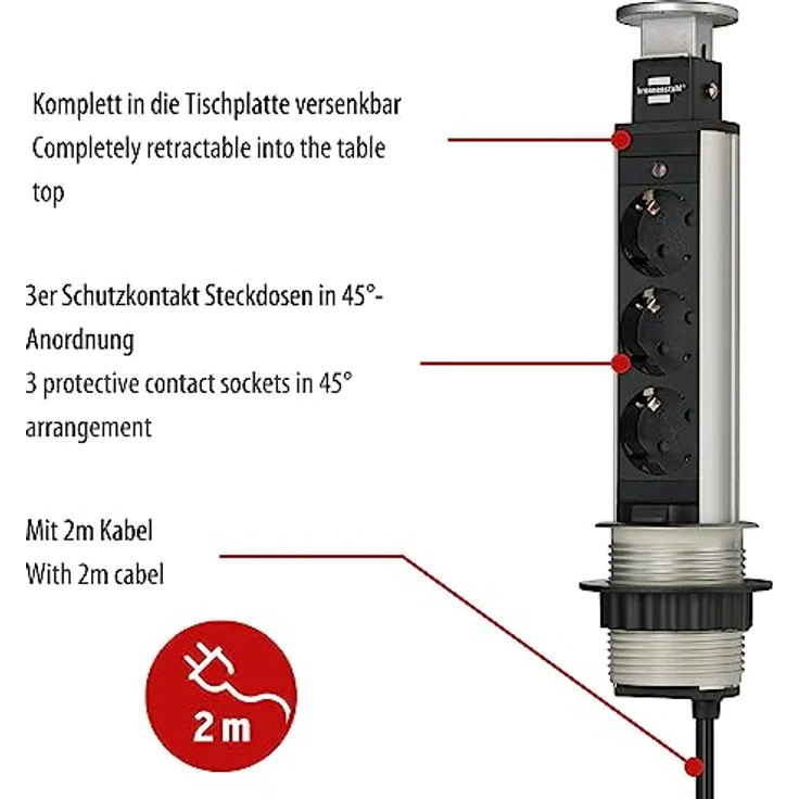 Brennenstuhl Tower Power, Tischsteckdosenleiste 3-fach (versenkbare Steckdosenleiste, 2m Kabel, komplett in Tischplatte versenkbar) alu - schwarz – Bild 2