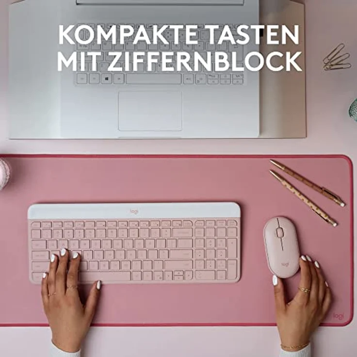 Logitech MK470 Slim Combo Kabelloses Tastatur-Maus-Set - Modernes, kompaktes Layout, Extrem leiser, 2,4-GHz-USB-Empfänger, Plug-n'Play-Konnektivität, Kompatibel mit Windows, Deutsches QWERTZ - Rosa – Bild 2