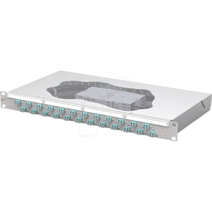 Metz Connect OpDAT fix2 Patchfeld splice 24xLC-D OM3, 19 Zoll Patch-Panel, 1 HE, Lichtgrau, werkzeugloses Öffnen, 6xM20 Kabeleingänge