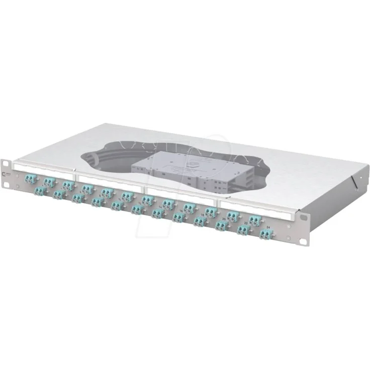 Metz Connect OpDAT fix2 Patchfeld splice 24xLC-D OM3, 19 Zoll Patch-Panel, 1 HE, Lichtgrau, werkzeugloses Öffnen, 6xM20 Kabeleingänge