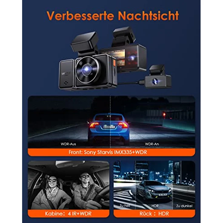 VANTRUE E3 3 Lens 2.7K Dashcam mit 5GHz WiFi, 1944P+1080P+1080P Dash Cam, Sprachsteuerung Dashcam Auto Vorne Hinten, IR Nachtsicht, 24Std. Puffer Parkmodus Autokamera, Loopaufnahme, Max 512G – Bild 4