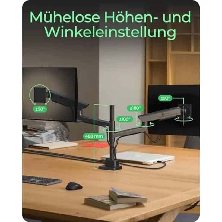 ICY BOX IB-MS702-T, Monitorständer für 2 Monitore bis 57", Gasdruckfeder, ergonomisch einstellbar, Aluminium-Stahl-Konstruktion, VESA 75x75/100x100, Tischklemme & Durchführung – Bild 3
