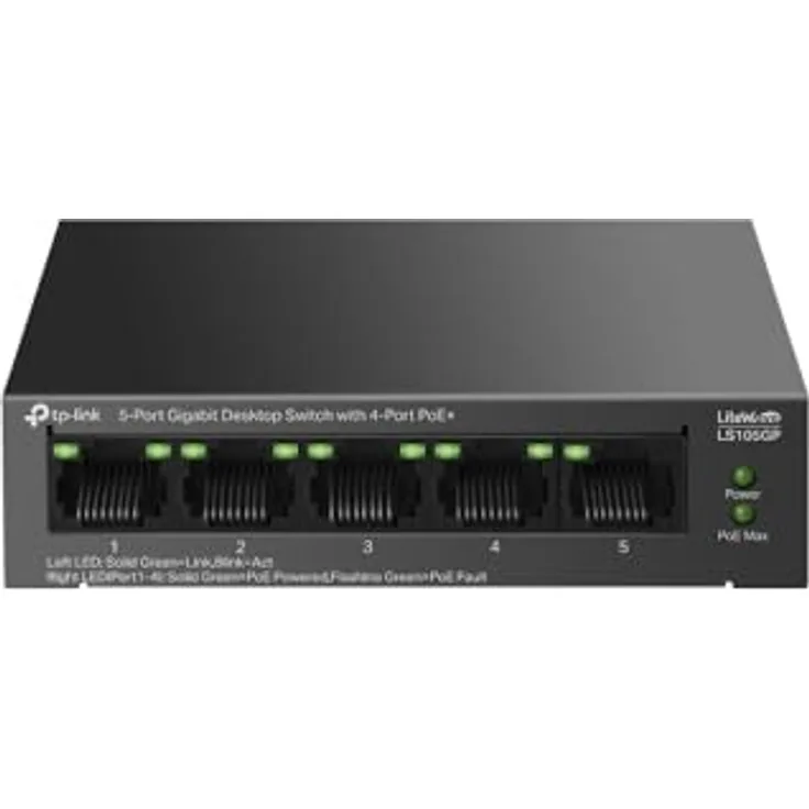 TP-Link 5-Port-Desktop-GIGABIT-Switch MIT 4 POE+-Ports, Lüfterloses Design, schwarz