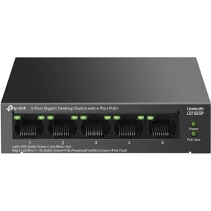 TP-Link 5-Port-Desktop-GIGABIT-Switch MIT 4 POE+-Ports, Lüfterloses Design, schwarz – Bild 1