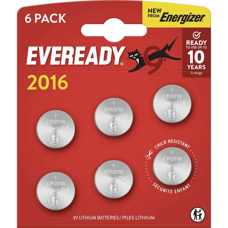 Eveready Knopfzelle CR2016, 3V Lithium-Batterie, 6er Pack für Uhren und Miniaturgeräte