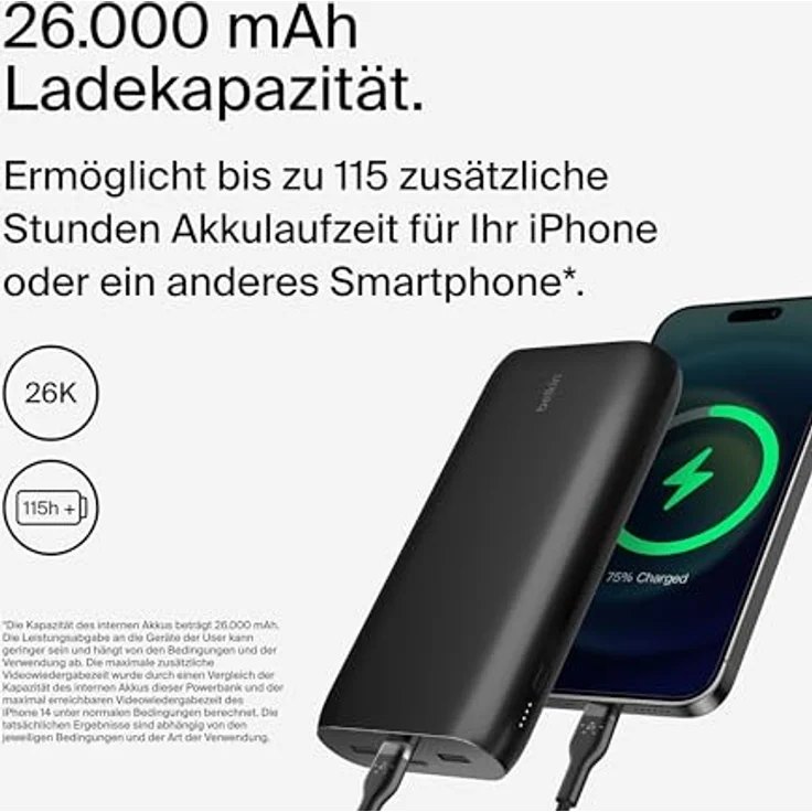 Belkin BoostCharge 4-Port Powerbank 26K, Akkupack mit USB-C- und USB-A-Anschlüssen, Schnellladen mit USB-C Power Delivery, tragbares Ladegerät für iPhone 15, 14, iPad Pro, Galaxy S24, S23, Pixel – Bild 4