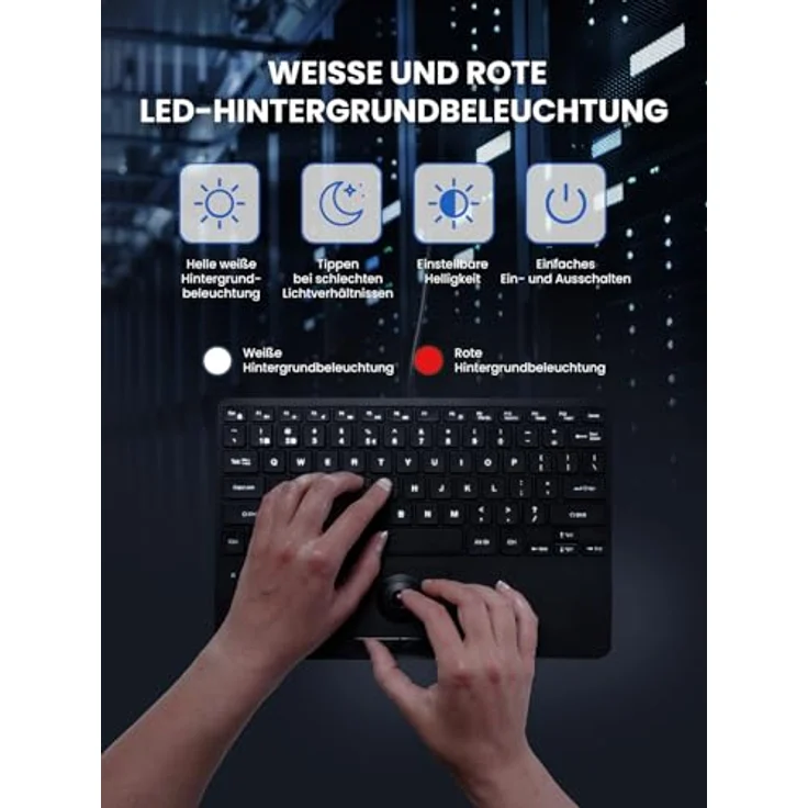 Perixx PERIBOARD-427 H DE, USB-Mini-Tastatur mit Trackball und LED-Hintergrundbeleuchtung in Rot und Weiß – Bild 4