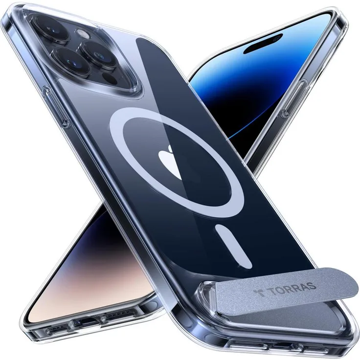 Torras UPRO Pstand iPhone 15 Pro Max, transparente Smartphone Hülle mit Kickstand und SGS-zertifiziertem Schutz, rosa