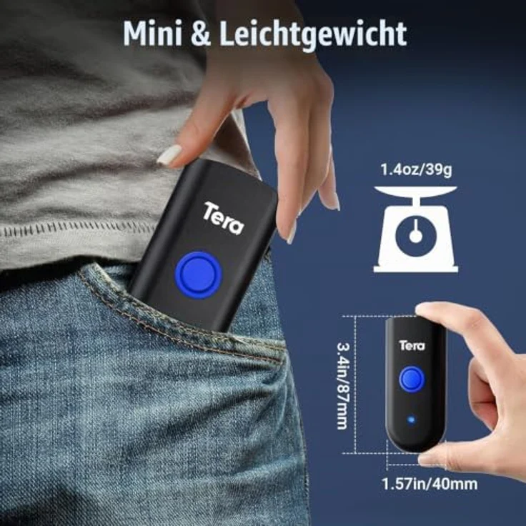 Tera Wireless Barcode Scanner 1D Laser Mini Pocket, wasserdichter 3-in-1 Scanner mit Bluetooth, USB, und tragbarem Design für iOS, Android und Windows, 1100L – Bild 5