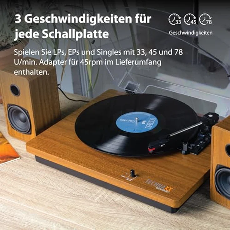 Technaxx TX-188, Bluetooth Plattenspieler mit 3 Geschwindigkeiten, Stereo-Lautsprechern, USB-Digitalisierung, RCA-Ausgang und AUX-IN, Retro-Design – Bild 4