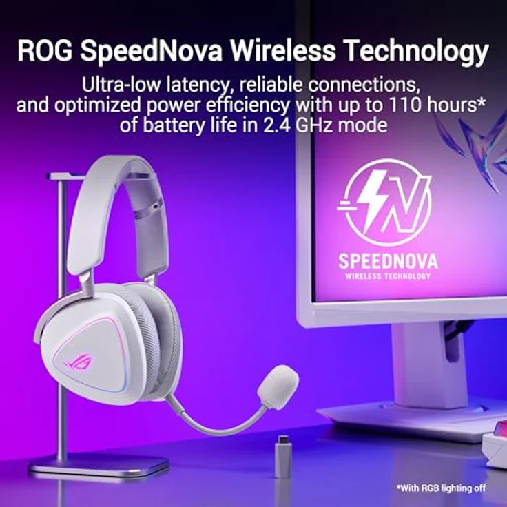 ASUS ROG Delta II White, kabelloses RGB Gaming Headset mit ROG SpeedNova, Bluetooth, 2,4 GHz, 10 mm Boom-Mikrofon, 110h Akkulaufzeit, Aura Sync, weiß – Bild 3