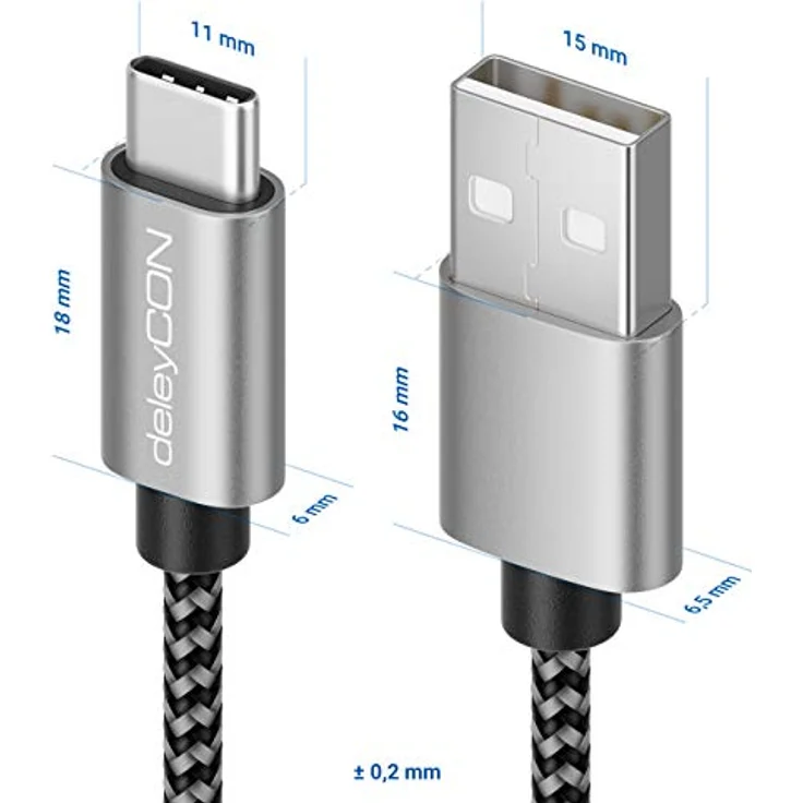 deleyCON 1m Nylon USB-C Kabel Ladekabel Datenkabel USB Typ C Metallstecker Schwarz - Laden & Synchronisieren von Handy & Smartphone – Bild 2