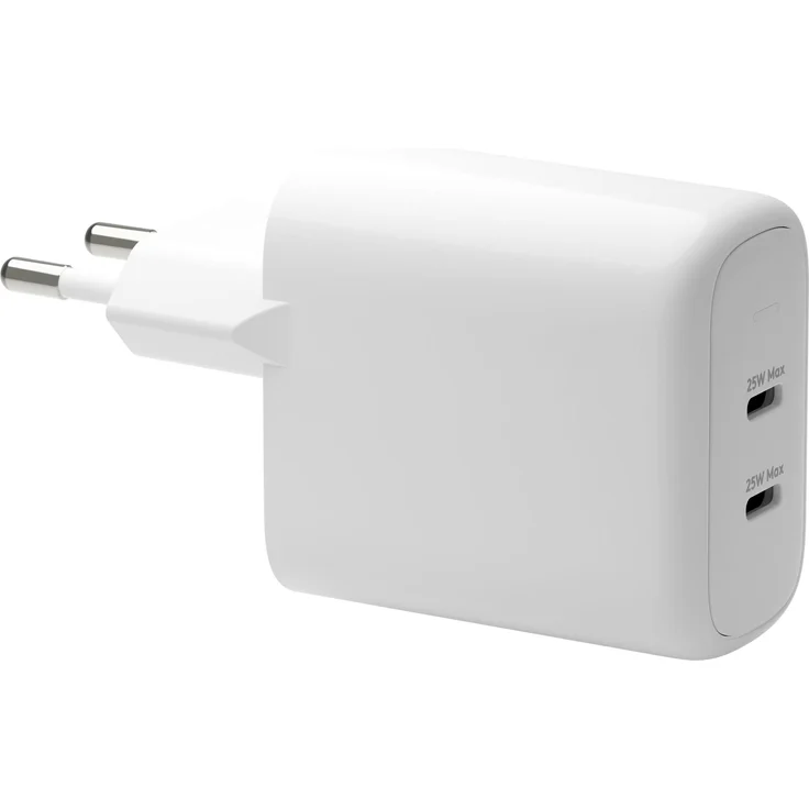 dbramante1928 WALL CHARGER - 2X USB-C 25W EU, kompaktes USB Ladegerät aus 100% recyceltem Kunststoff, Weiss