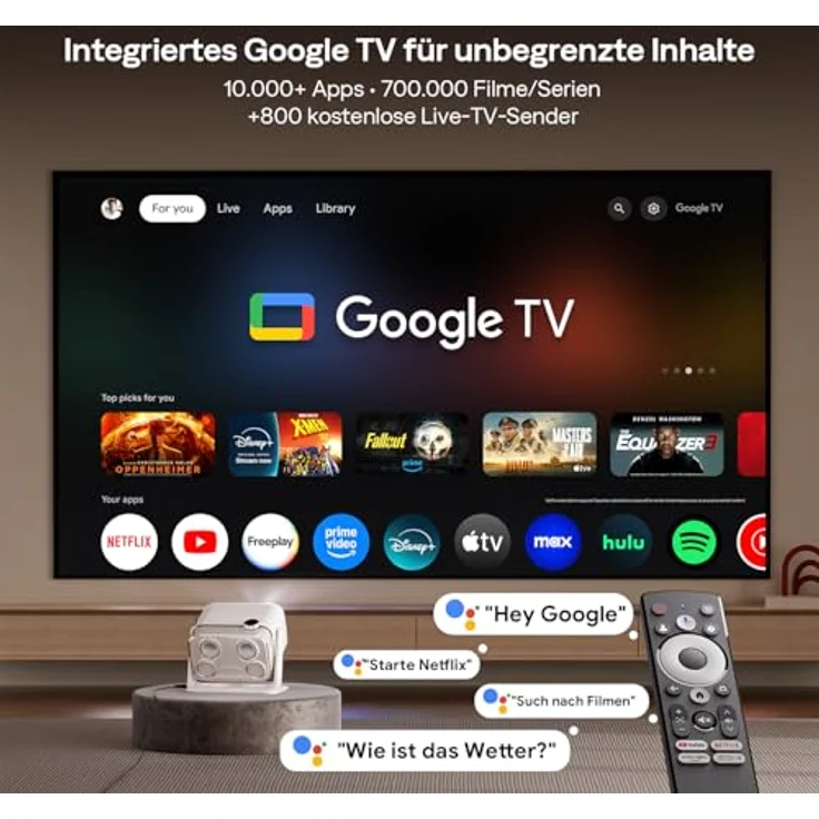 Aurzen Boom Mini Beamer, 4K Smart Projektor mit Google TV, 500 ANSI Lumen, ToF Autofokus, 20W Dolby Audio, WLAN/Bluetooth, cremeweiß – Bild 2