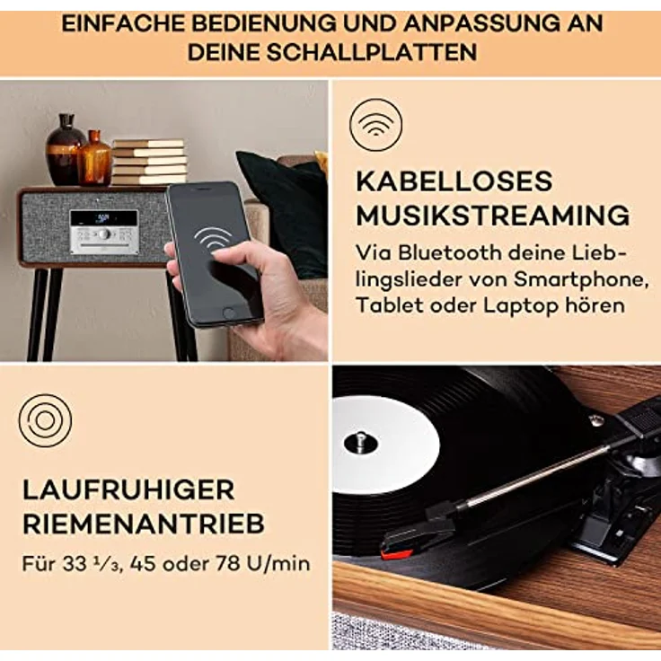 Auna Mary Ann Plattenspieler, Riemenantrieb, Bluetooth, CD, DAB+ & UKW Radio, MP3 Player mit Fernbedienung, Vintage Design – Bild 4