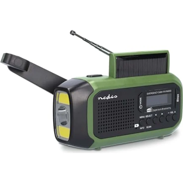 Nedis Tragbares Notfallradio DAB+/FM, batteriebetrieben, Handkurbel, solarbetrieben, USB-Stromversorgung, Wecker, grün/schwarz – Bild 1