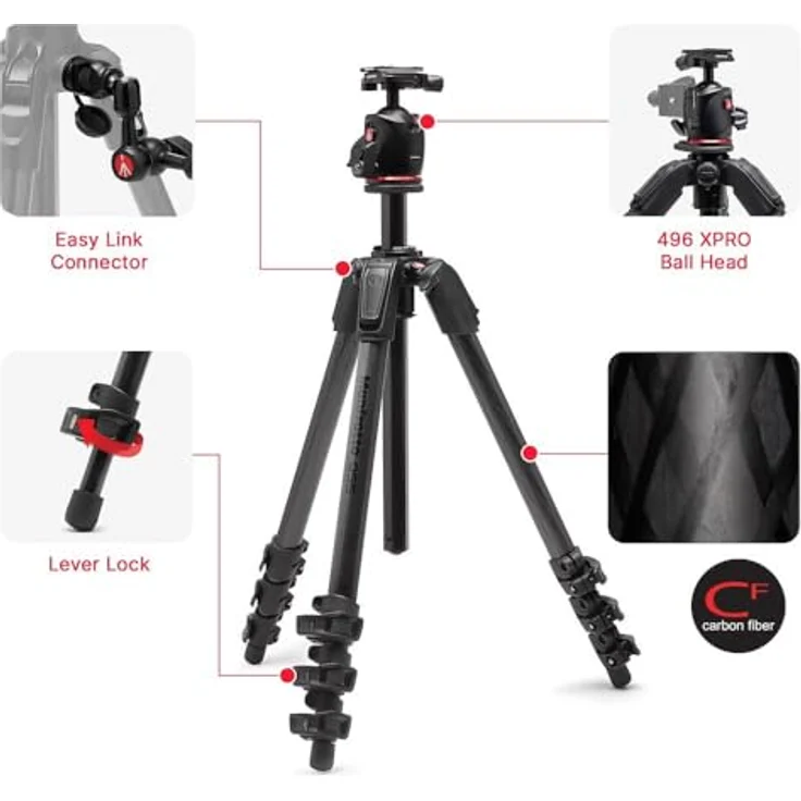 Manfrotto 055XPRO AS, 3-teiliges Aluminium-Kamerastativ Kit mit XPRO-Kugelkopf, 15 kg Tragkraft, Arca-Swiss-Platte, für DSLR/spiegellose Kamera – Bild 2