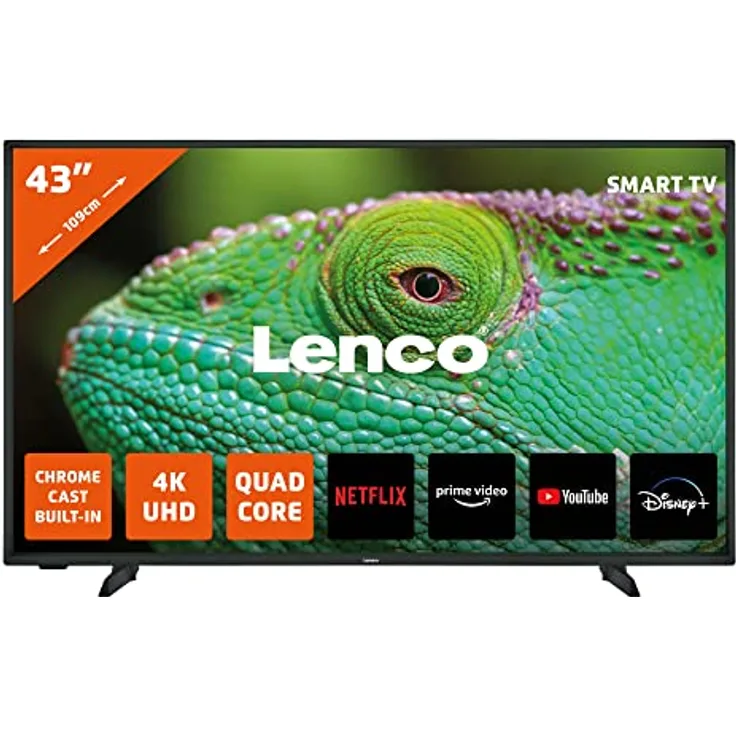 Lenco LED-4353 Fernseher - 43 Zoll Smart TV - Ultra HD - HDR - Stereo Lautsprecher - Triple Tuner - HDMI x3 - WLAN - Ethernet - VGA - Android TV - Bluetooth - schwarz