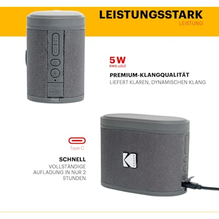 KODAK SOUNDBRIX Tragbarer Bluetooth-Lautsprecher, kabellos, 5 W Sound, magnetisches Dock, 3 Stunden Akkulaufzeit, grau, Anschluss von bis zu 100 Lautsprechern – Bild 5