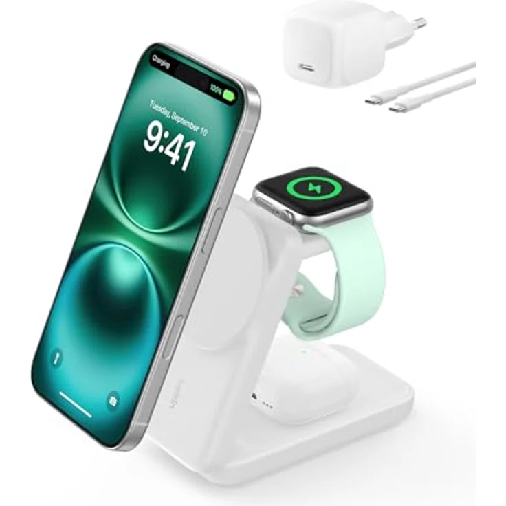 Belkin UltraCharge 3 in 1 Ladestation für Apple Watch und iPhone, Qi2, 25W, MagSafe-kompatibles Ladegerät, inklusive 45-W-Netzteil, weiß – Bild 1