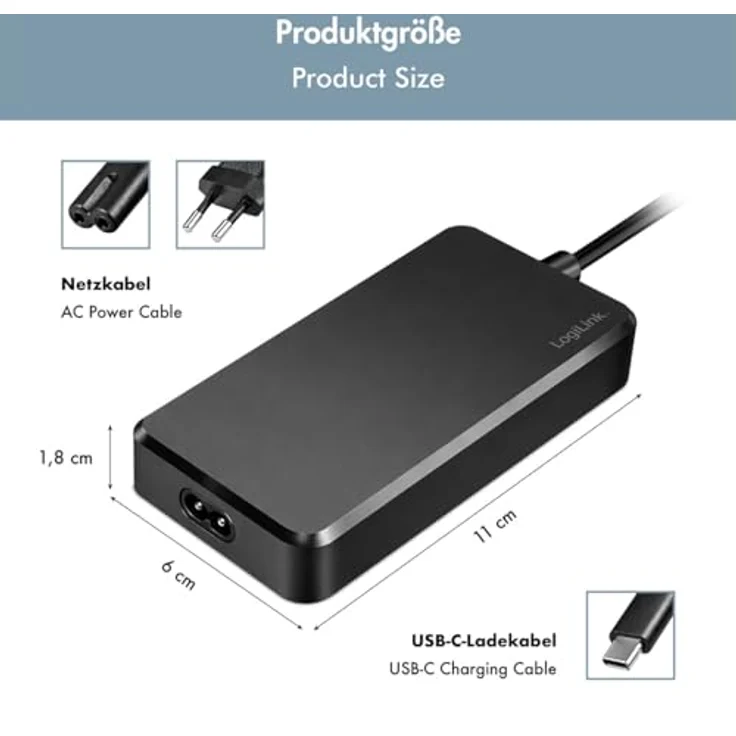 LogiLink Slim Universal USB-C Netzteil 100W PD mit festem Kabel, 5-Fach Geräteschutz für Laptops und Smartphones – Bild 4