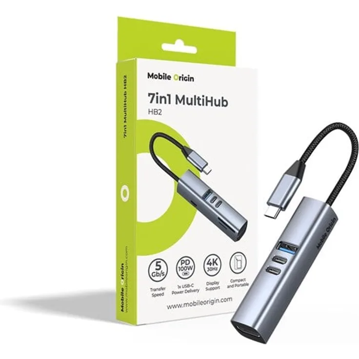 Mobile Origin HB2 7-in-1 USB-C MultiHub, 3x USB-C, USB-A, HDMI, SD/TF-Kartenleser, 4K Unterstützung, Space Grey