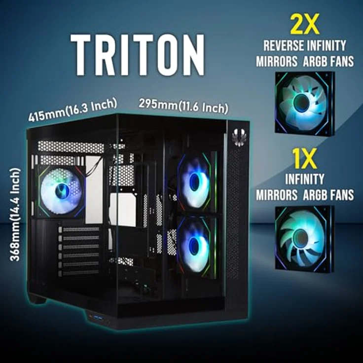 BitFenix Triton PC-Gehäuse, ATX Full Tower in Schwarz mit gehärtetem Glas, USB-C und A-RGB-Lüftern – Bild 2