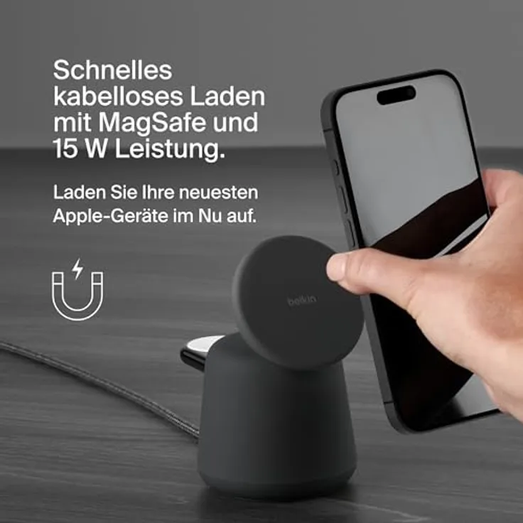 Belkin Boost Charge Pro 2-in-1 MagSafe Ladestation (15 W), Wireless Charger, Grau