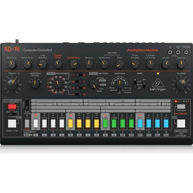 Behringer RD-78, analoger Drumcomputer mit 15 Instrumenten, 34 Preset-Patterns und MIDI-Anschluss