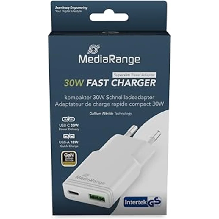 MediaRange 30W GaN Schnellladeadapter, EU-Stecker mit 1x USB-C und 1x USB-A, unterstützt Power Delivery und Quick Charge, Weiß – Bild 2