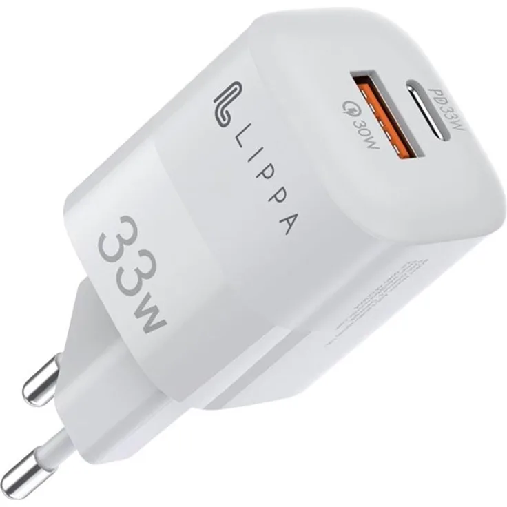 Lippa 33W USB-C PD & USB-A QC GaN Wandladegerät - Weiß, kompakt und schnellladend für mobile Geräte