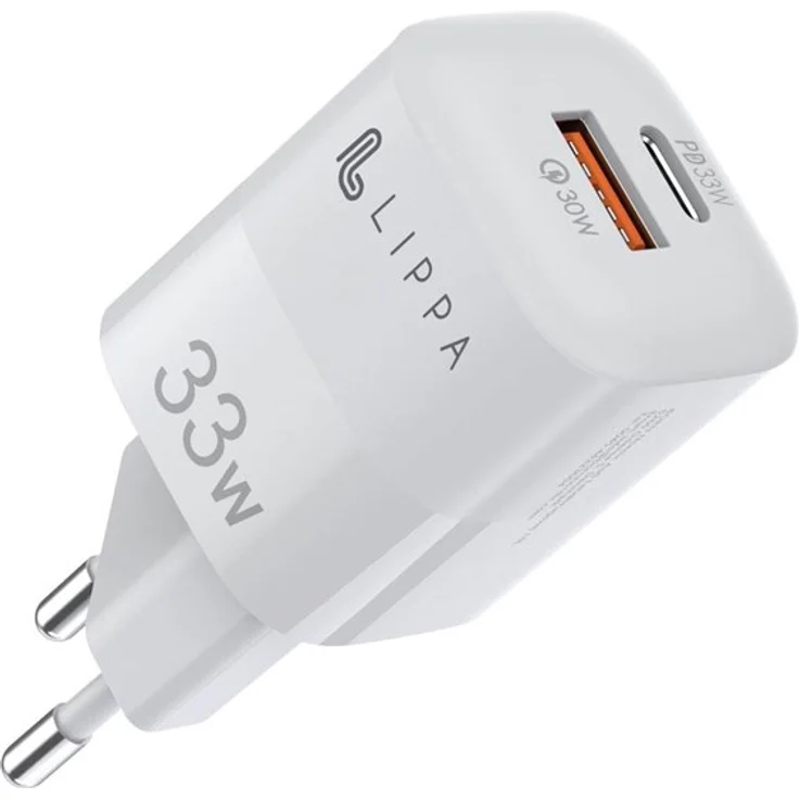 Lippa 33W USB-C PD & USB-A QC GaN Wandladegerät - Weiß, kompakt und schnellladend für mobile Geräte