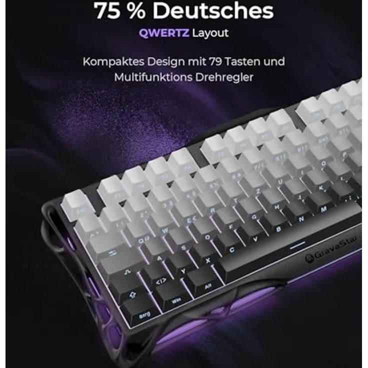 GravaStar Mercury K1, 75% Mechanische Gaming Tastatur mit QWERTZ Layout (DE), Magnesiumlegierung Exoskelett, Tri-Mode (2.4G/BT/USB-C), Hot Swap, Gasket Mount, RGB - Farbverlauf Schwarz – Bild 2
