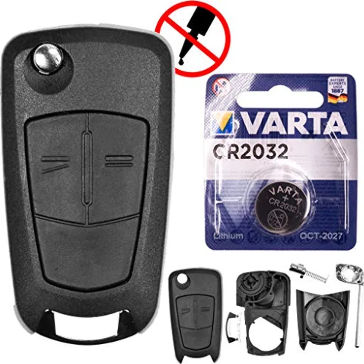 mt-key Auto Klapp Schlüssel Ersatz Gehäuse 2 Tasten + Rohling + VARTA CR2032 für OPEL CORSA D, TIGRA B, ASTRA H, ZAFIRA B, OE Qualität