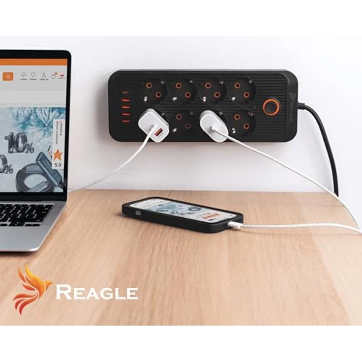 Reagle Steckdosenleiste 8-Fach 230V mit 5 USB-Anschlüssen, Save Energy-Schalter und Überspannungsschutz, 3m Kabel, schwarz – Bild 4