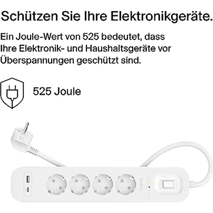 Belkin 4-Fach Steckdosenleiste mit Überspannungsschutz, Wandmontage, 4 Steckdosen, 2-m-Netzkabel, grüne Leuchtanzeige, USB-C- und USB-A-Anschluss mit USB-C PD zum Schnellladen; Schutz für 525 Joule – Bild 2