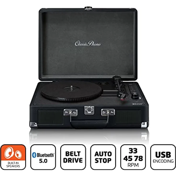 Classic Phono TT-115 Plattenspieler - Kofferplattenspieler - Bluetooth - USB - 3 Geschwindigkeiten - Direktaufnahme auf USB ohne PC - Riemenantrieb - schwarz – Bild 3