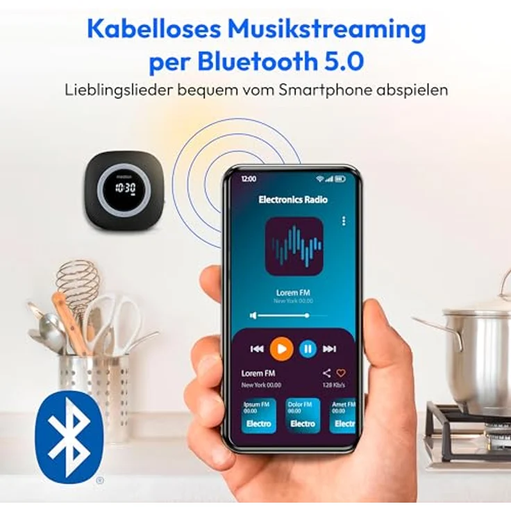 MEDION P66096 Duschradio mit Bluetooth (Badradio, UKW Radio, Saugnapf, LED-Display, IPX6 Wasserdicht, integrierter Akku, MD43884) schwarz – Bild 5