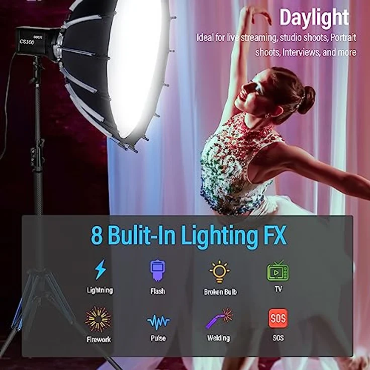 SIRUI CS100 100W LED-Videoleuchte, tragbare Tageslicht-Dauerbeleuchtung, 5600K CRI 96, TLCI 98 4000Lux/m, Bowens-Mount, 8 Spezialeffekte, APP-Steuerung - Aluminiumgehäuse, leicht und leistungsstark – Bild 3