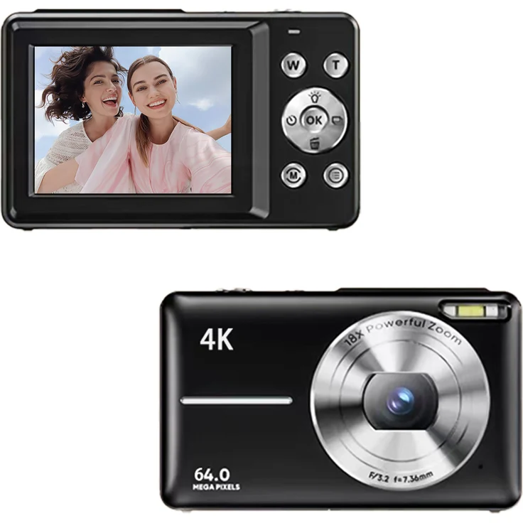 Douself 4K Digitalkamera, 64MP Videokamera mit 18-fachem Digitalzoom, 2,4-Zoll-Bildschirm, eingebautem Akku, ideales Geschenk für Teenager und Studenten