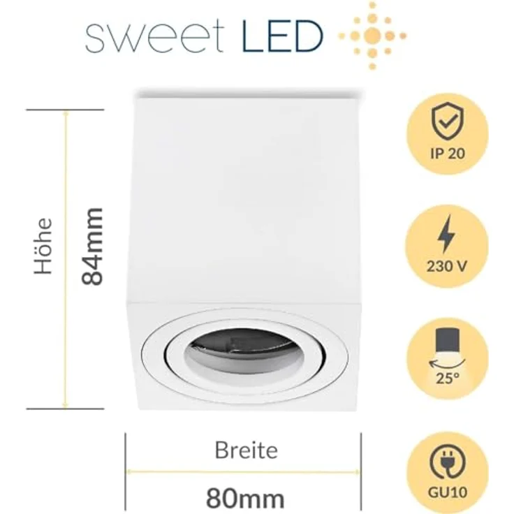 Sweet Led Aufbauleuchte Aufbaustrahler Deckenleuchte Aufputz, eckig - matt Weiss, mit GU10 Fassung 230V Alu-gebüstet und schwenkbar – Bild 3