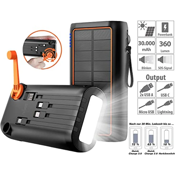 reVolt Solar Power Banks PB-200.k: Kurbel-Dynamo-Solar-Powerbank, 30.000 mAh, PD 20 W, Super Charge, LED (Kurbelakku, USB Kurbel Ladegerät, Handy Ladestation) – Bild 3