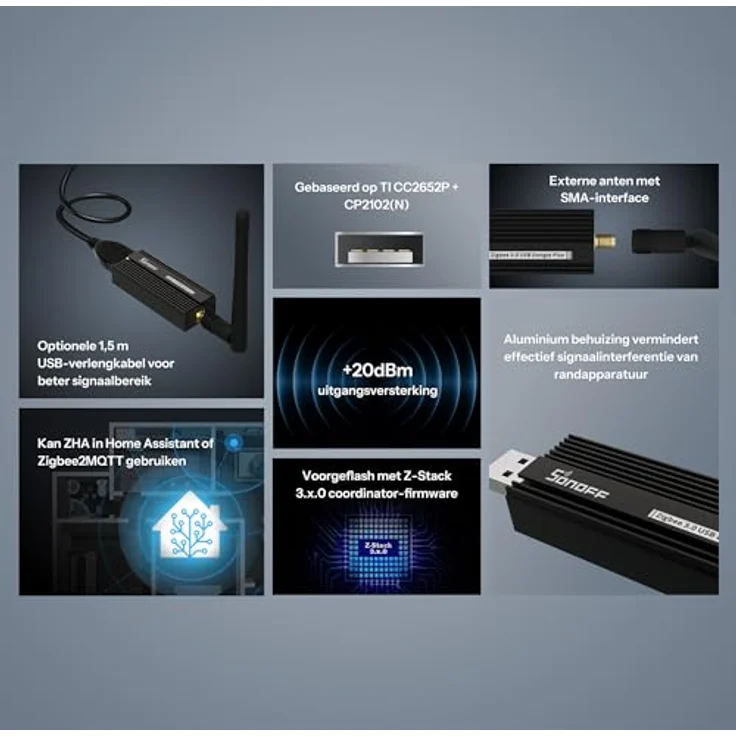 SONOFF Zigbee 3.0 USB Dongle Plus, Zigbee Gateway mit TI CC2652P & CP2102N, universelles Zigbee Hub für Home Assistant, Zigbee2MQTT, OpenHAB, externe SMA-Antenne – Bild 3