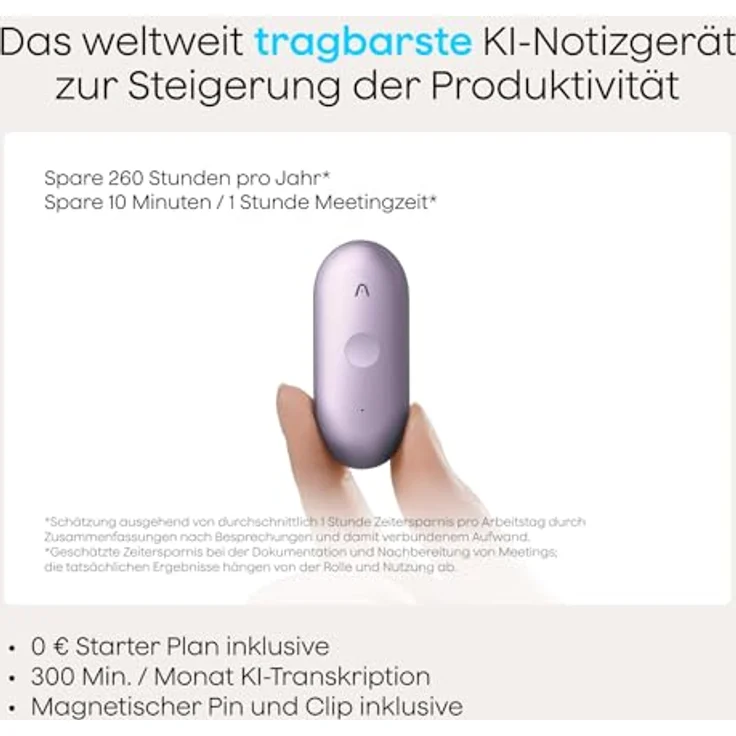 Plaud NotePin S Diktiergerät, KI Voice Recorder mit taktiler Aufnahmetaste, 64 GB Speicher, violett, inklusive 4 Zubehörteilen – Bild 3